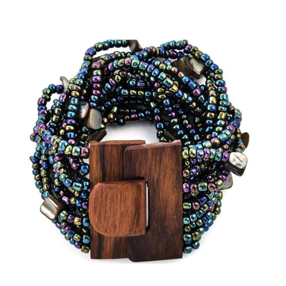 Glass Seed Beads Bracelet with Wood Clasp Multi-Coloured Peacock Colours - Picture 1 of 13